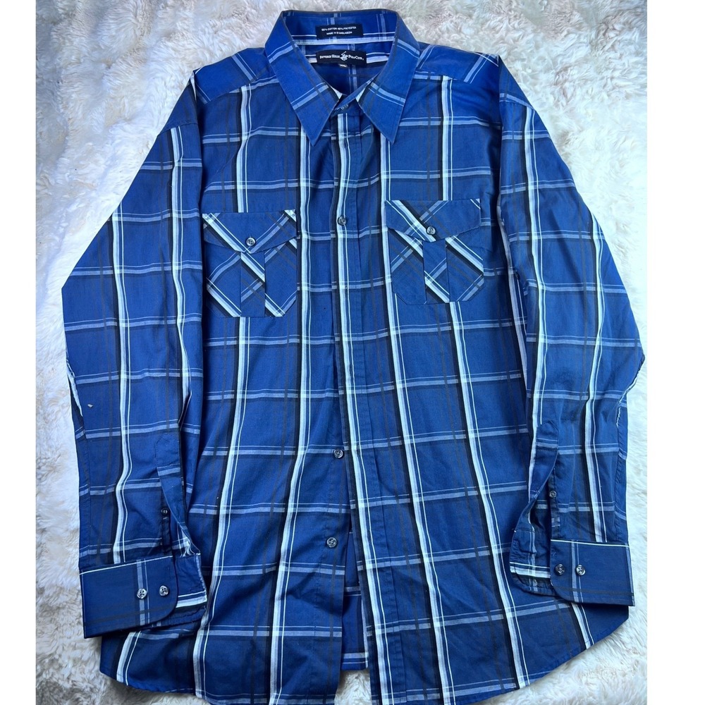 Beverly Hills Polo Club Mens XXL Blue Plaid Long Sleeve Button Down Shirt. A14